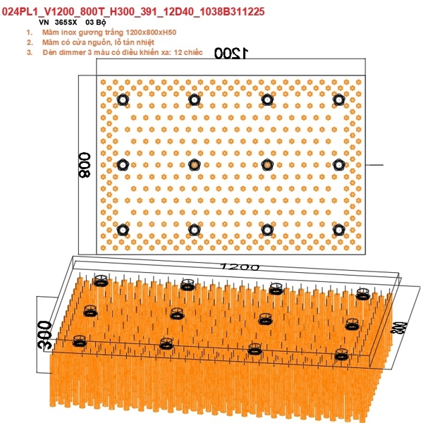 Bộ đèn chùm ống lục giác KT(mm): 1200x800xH300 gồm mâm inox gương trắng và 12 đèn D40 dimmer 3 màu có điều khiển xa